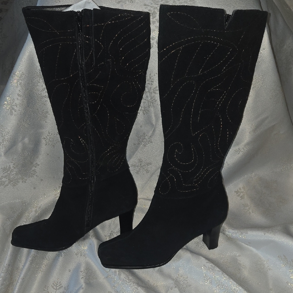 Chico's Black Heeled Boots with Embroidered Design